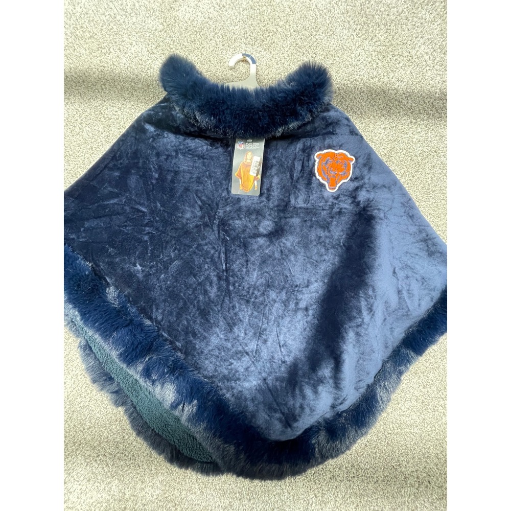 Little Earth NFL Chicago Bears Fur Trim Poncho Women OS Blue NEW Faux Fur Fleece